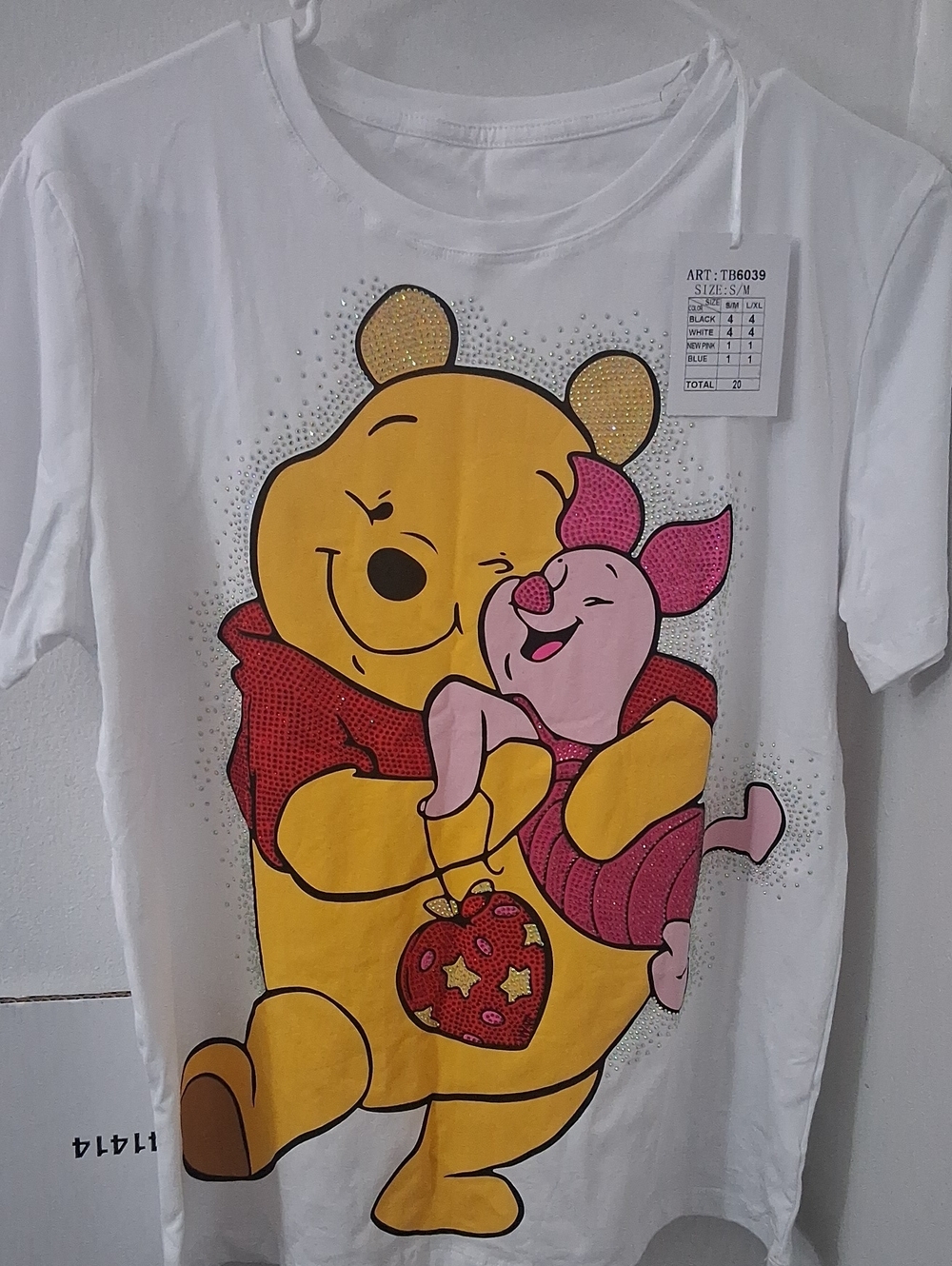 Womens White Winnie the Pooh & Piglet Graphic Rhinestone Tee
